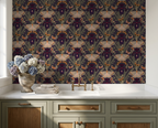 Olive wallpaper with Dutch irises and moths in a kitchen setting.