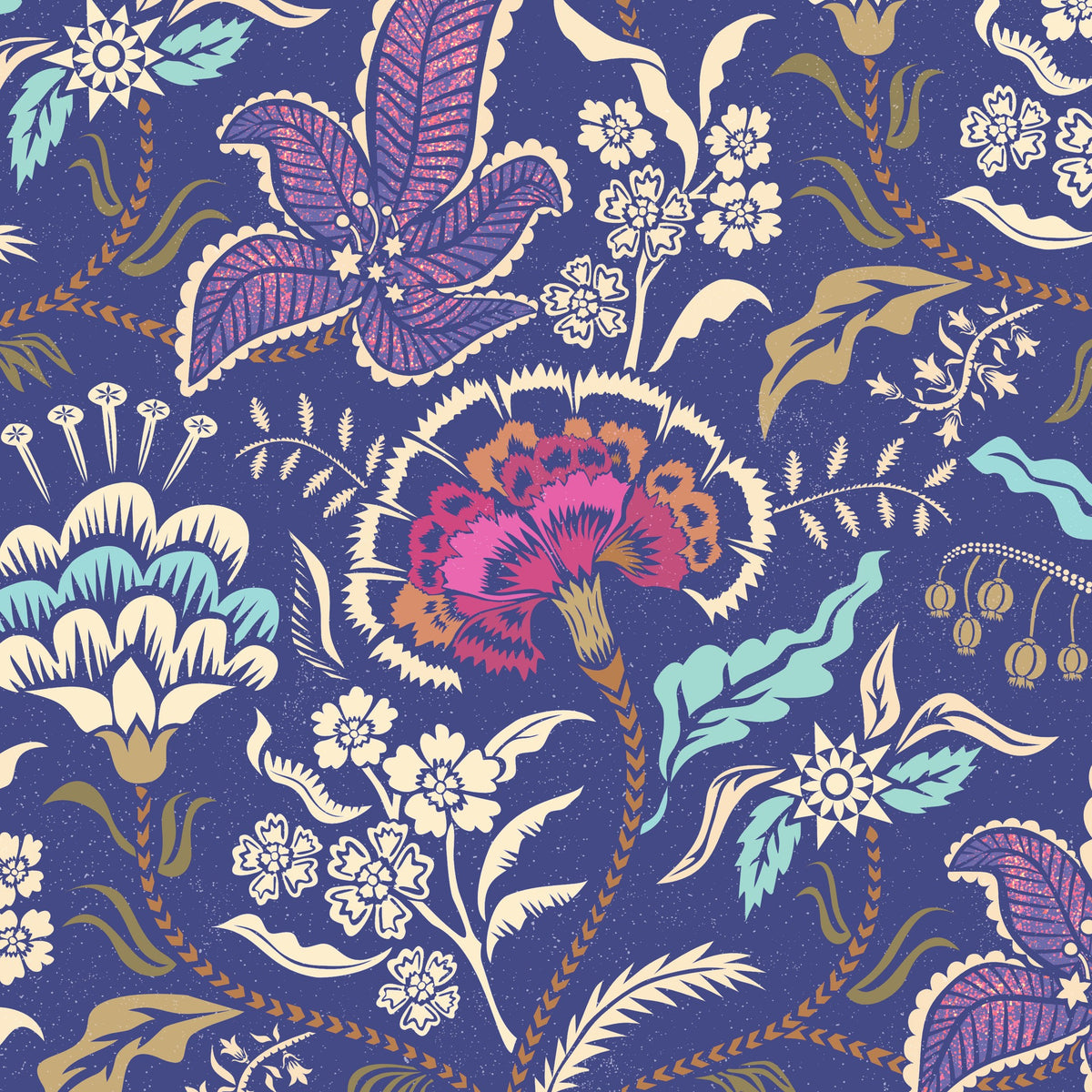 Floral wallpaper with pink carnations on ultramarine background.