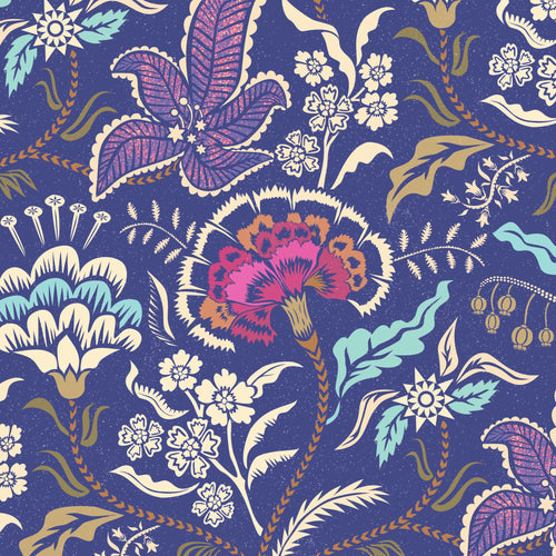 Floral wallpaper with pink carnations on ultramarine background.