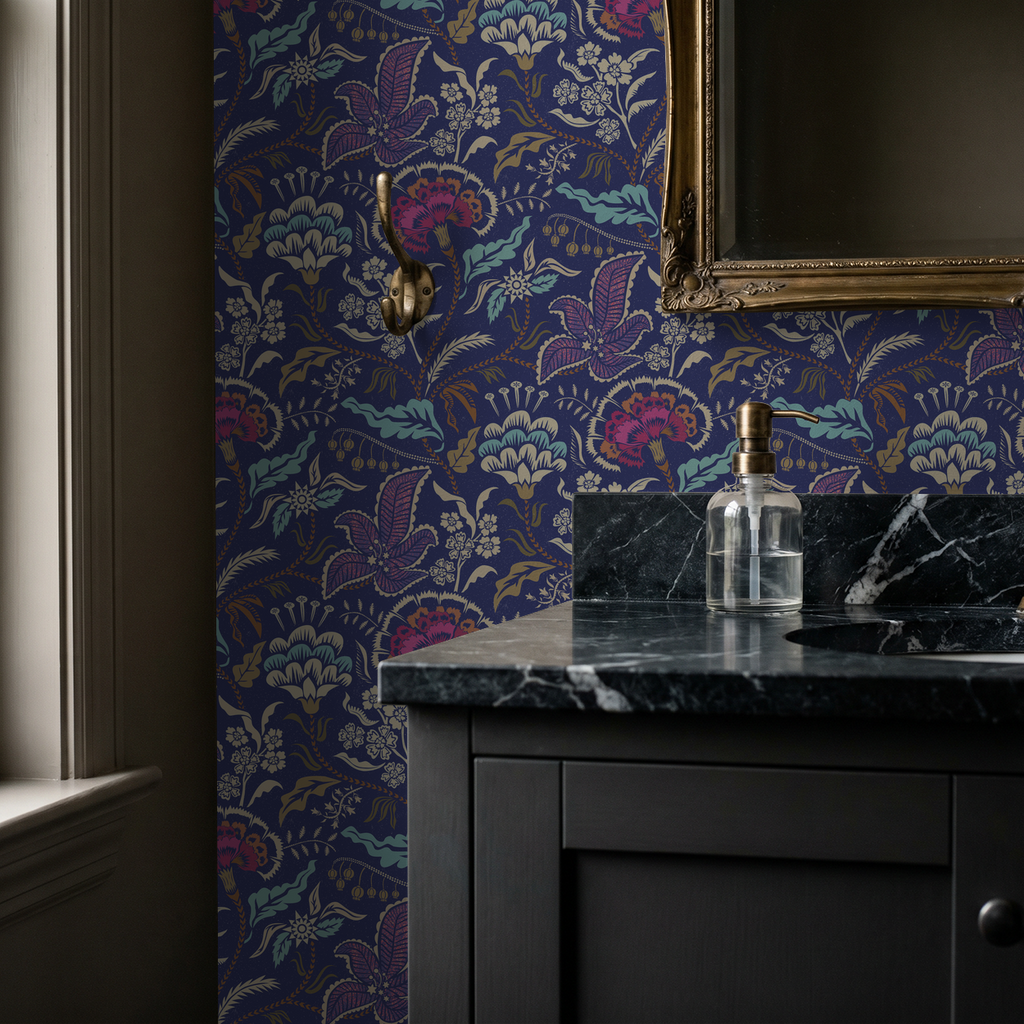 Pink cream indigo floral wallpaper in elegant bathroom setting.