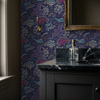 Pink cream indigo floral wallpaper in elegant bathroom setting.