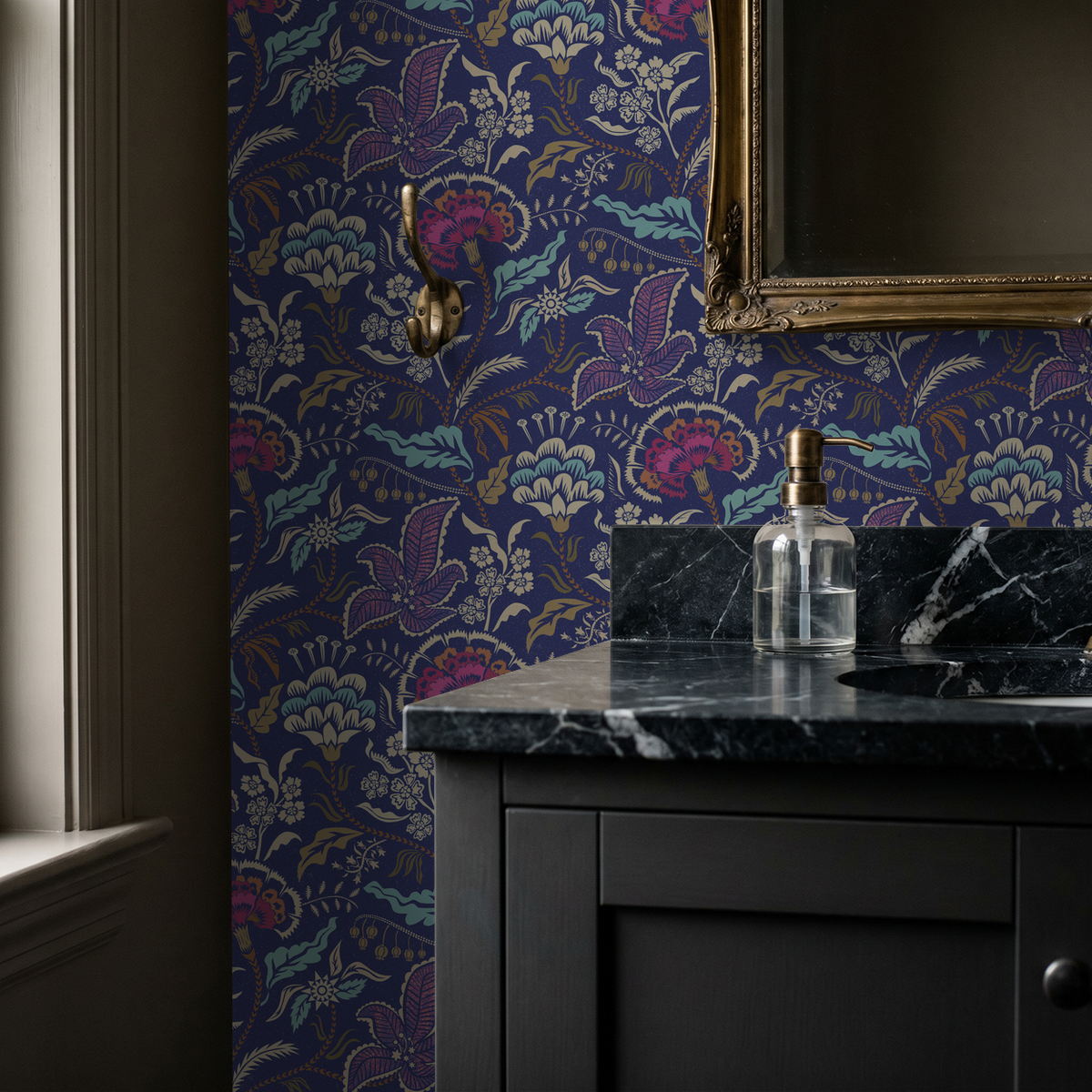 Pink cream indigo floral wallpaper in elegant bathroom setting.