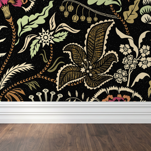 Pink sage and charcoal floral wallpaper with botanical motifs on black backdrop.