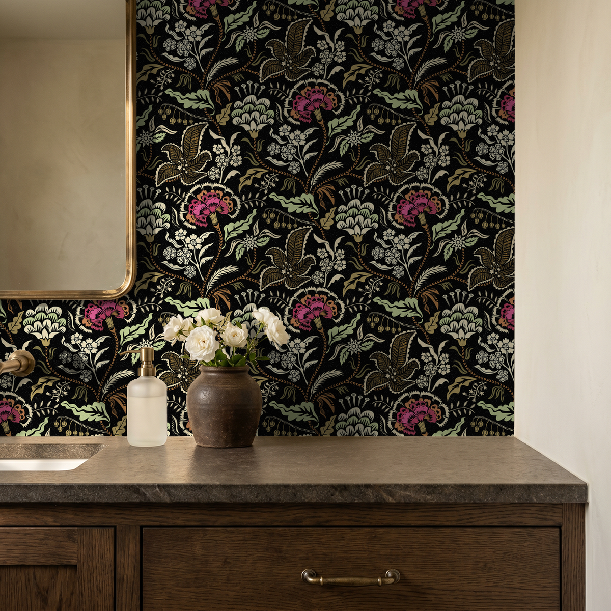 Pink sage and charcoal floral wallpaper in elegant bathroom setting.