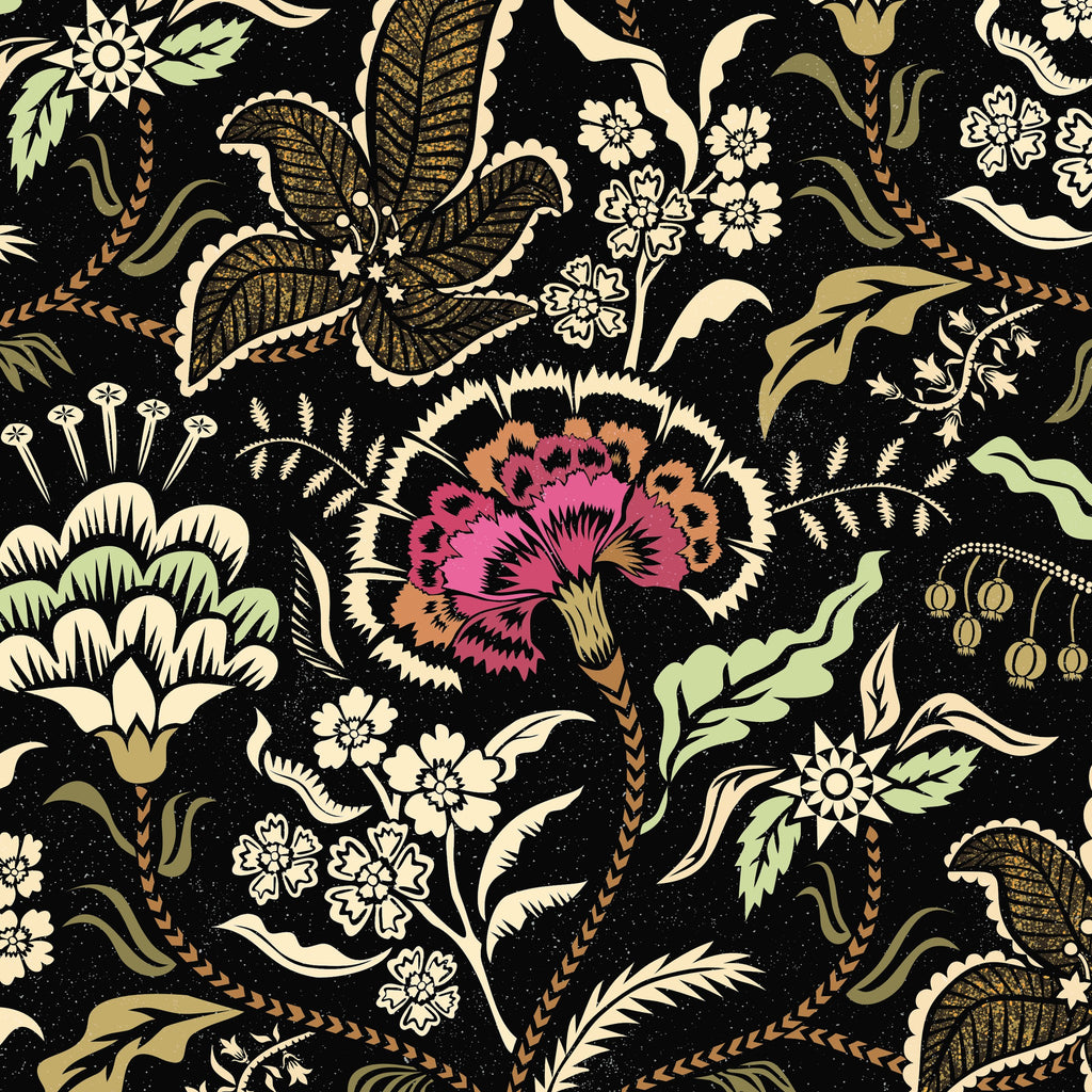 Pink and sage floral wallpaper with black background and botanical motifs.