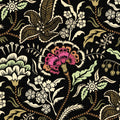 Pink and sage floral wallpaper with black background and botanical motifs.