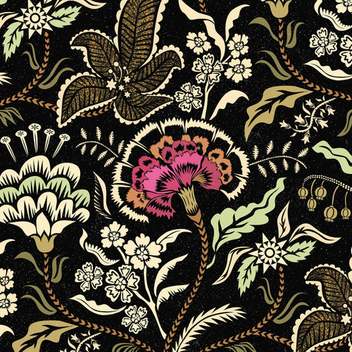 Pink and sage floral wallpaper with black background and botanical motifs.