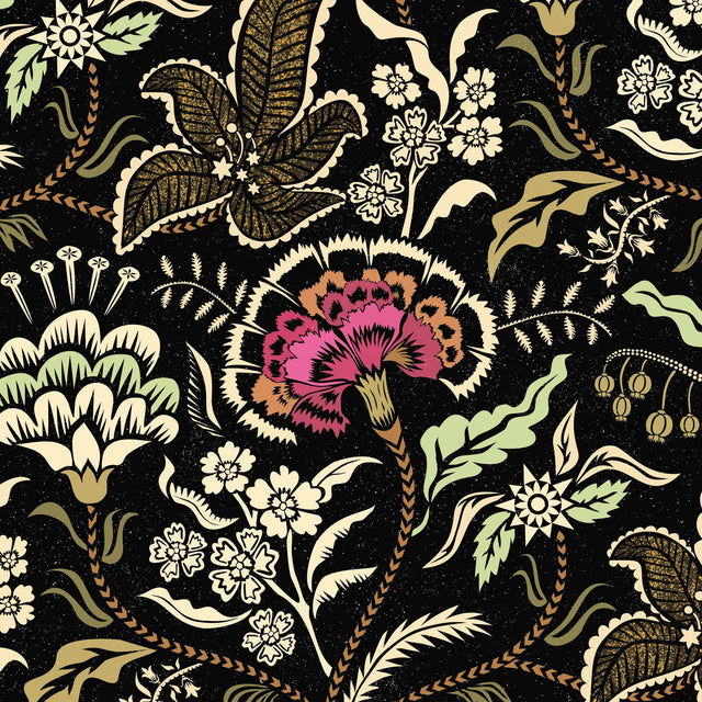 Pink and sage floral wallpaper with black background and botanical motifs.