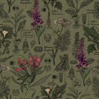 Botanical wallpaper with olive backdrop featuring purple foxgloves and green hemlocks.
