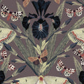 Taupe wallpaper with dark irises and patterned moths in a botanical design.