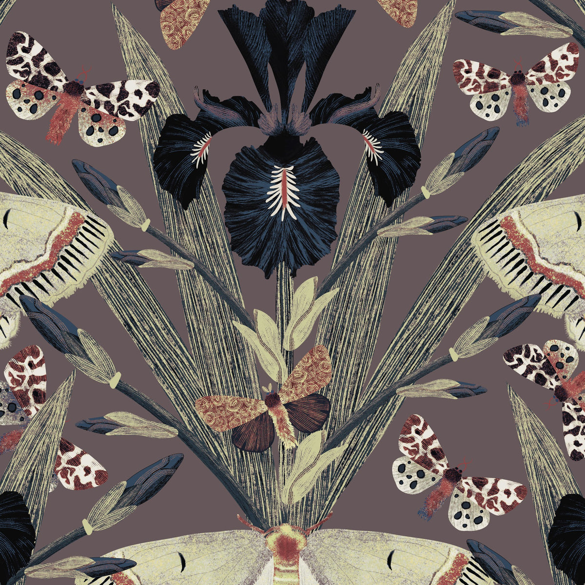 Taupe wallpaper with dark irises and patterned moths in a botanical design.