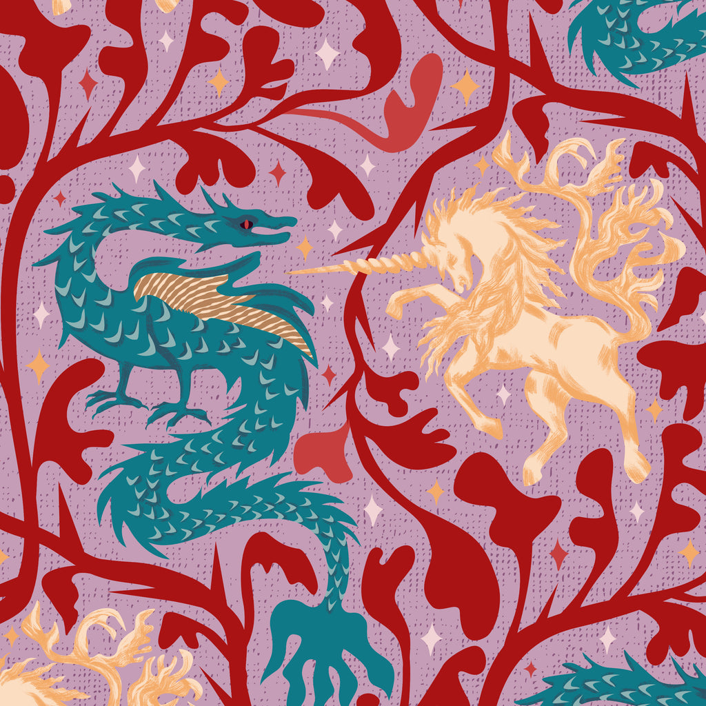 Teal dragons and golden unicorns on crimson foliage with lavender background.