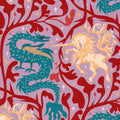 Teal dragons and golden unicorns on crimson foliage with lavender background.