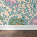 Teal wallpaper with pink unicorns and green dragons on a vine pattern.