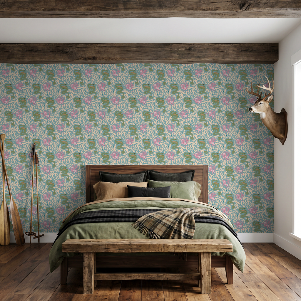 Teal and peach dragon wallpaper in rustic bedroom with wooden furniture.