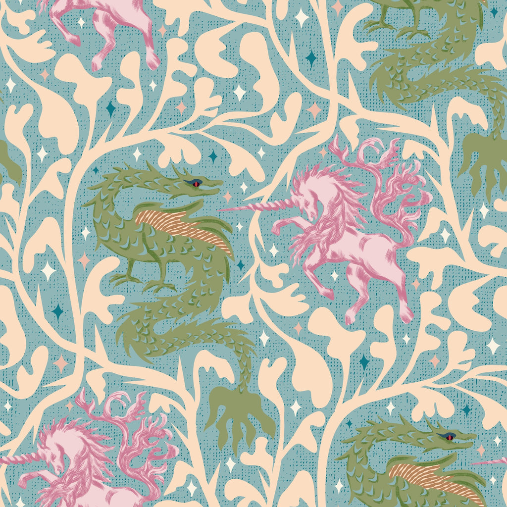 Teal wallpaper with pink unicorns, green dragons, and cream vines in a whimsical pattern.