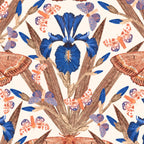 Terracotta and navy wallpaper with cobalt irises and moths on cream background.