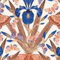 Terracotta and navy iris and moth wallpaper with cream background.
