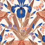 Terracotta and navy iris and moth wallpaper with cream background.
