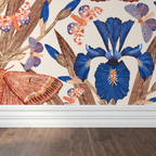 Terracotta and navy iris and moth wallpaper in a modern room setting.