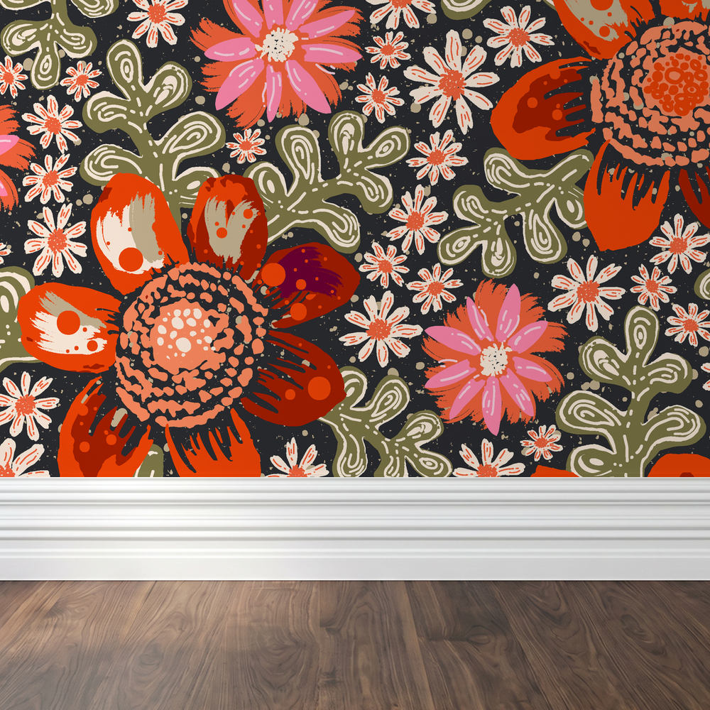 Vibrant floral wallpaper with red and pink flowers on a black background.