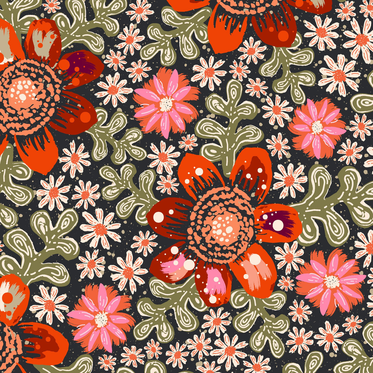 Vibrant floral wallpaper with red, pink, and olive patterns on black background.