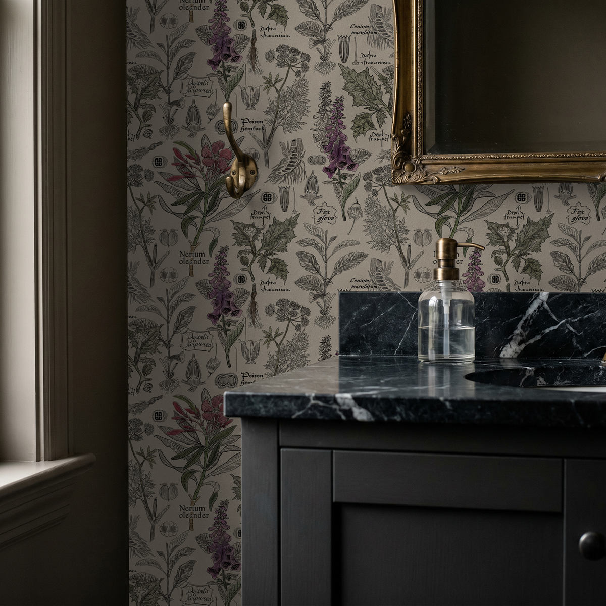 Vintage botanical wallpaper with purple and green plants in elegant bathroom setting.