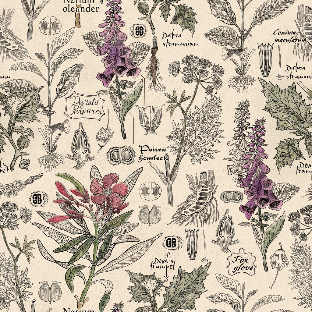 Vintage botanical wallpaper with detailed purple and green flora on parchment background.