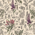 Vintage botanical wallpaper with detailed purple and green flora on parchment background.