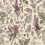 Vintage botanical wallpaper with detailed purple and green flora on parchment background.