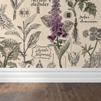 Vintage botanical wallpaper with purple and green plants on a parchment background.