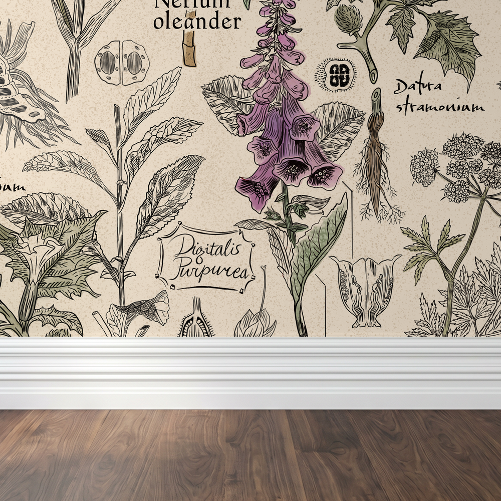 Vintage botanical wallpaper with purple and green plants on a parchment background.