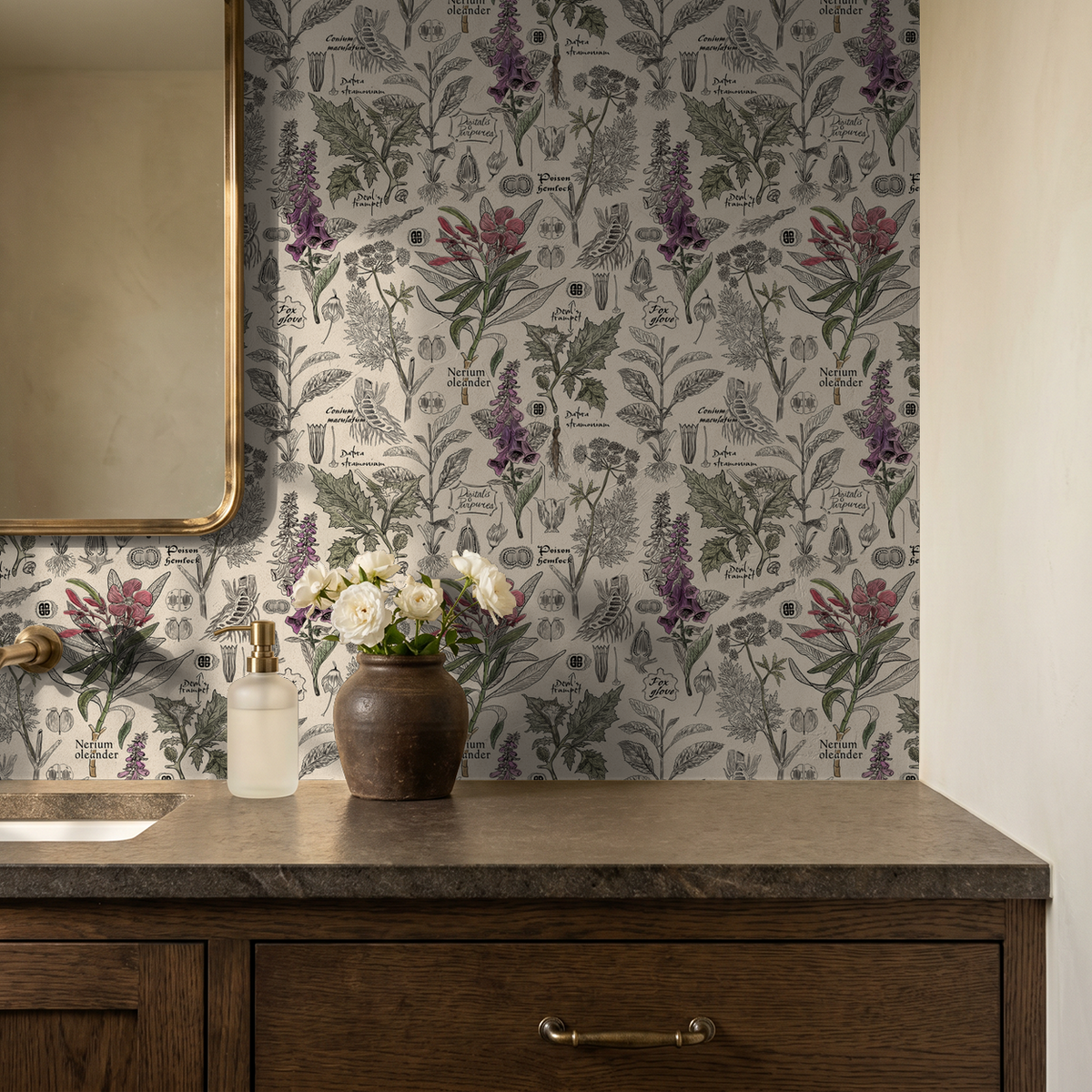 Vintage botanical wallpaper with purple and green plants in a rustic bathroom setting.