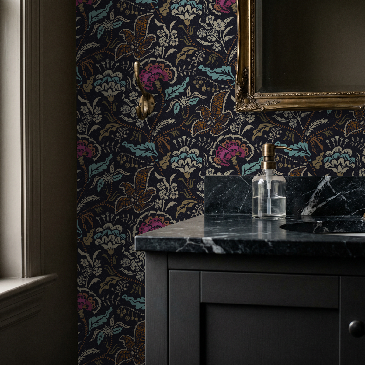 Vintage floral wallpaper with teal, gold, and magenta design in bathroom setting.