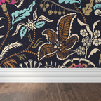 Vintage floral wallpaper with teal, gold, magenta blooms on midnight backdrop, wood floor
