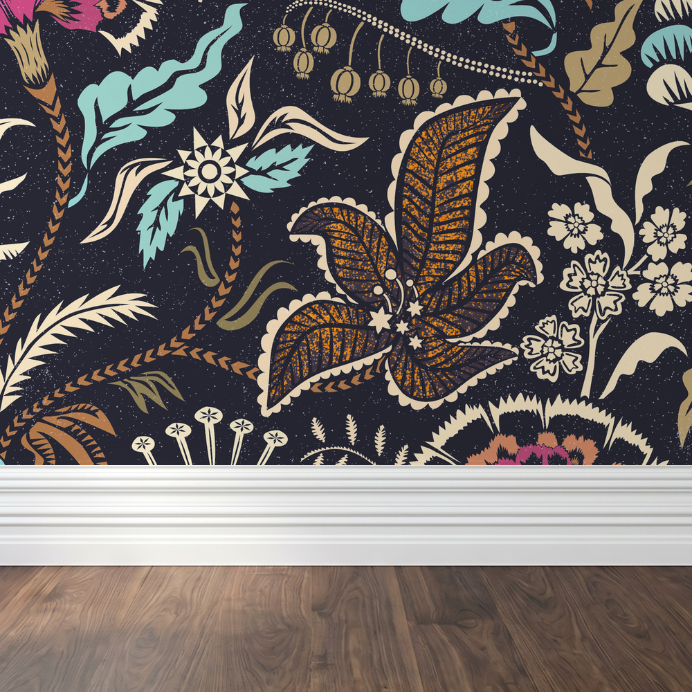 Vintage floral wallpaper with teal, gold, magenta blooms on midnight backdrop, wood floor