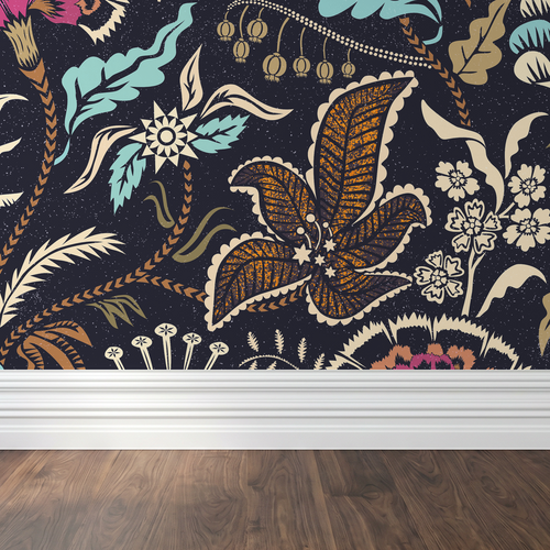 Vintage floral wallpaper with teal, gold, magenta blooms on midnight backdrop, wood floor