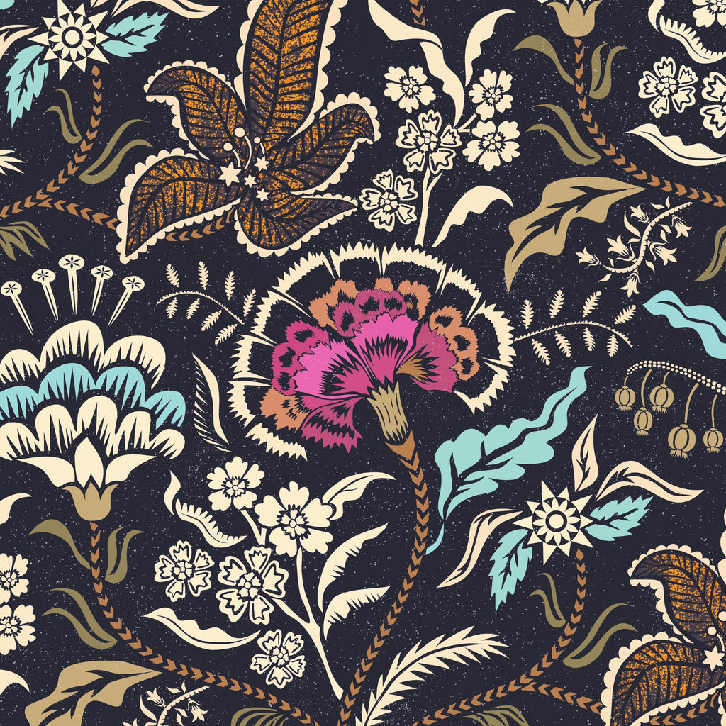 Vintage floral wallpaper with teal, gold, magenta, and ivory on a midnight background.