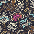 Vintage floral wallpaper with teal, gold, magenta, and ivory on a midnight background.