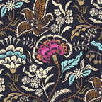 Vintage floral wallpaper with teal, gold, magenta, and ivory on a midnight background.