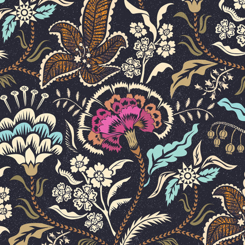 Vintage floral wallpaper with teal, gold, magenta, and ivory on a midnight background.