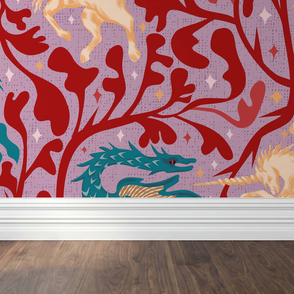 Whimsical wallpaper with teal dragons and golden unicorns on lavender background.