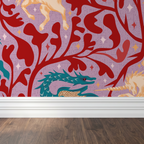 Whimsical wallpaper with teal dragons and golden unicorns on lavender background.