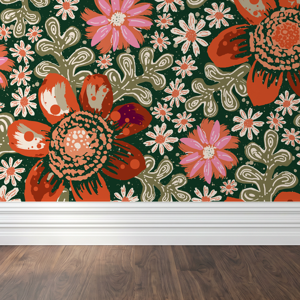 Whimsical floral wallpaper with peach, pink, and olive flowers on a dark green background.