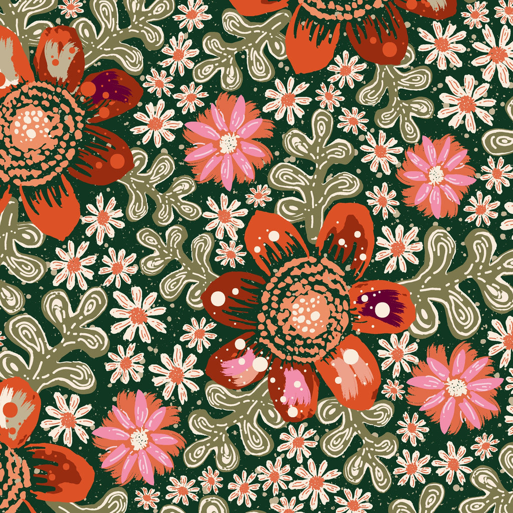 Whimsical floral wallpaper with peach, pink, and orange blooms on a green background.