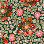 Whimsical floral wallpaper with peach, pink, and orange blooms on a green background.
